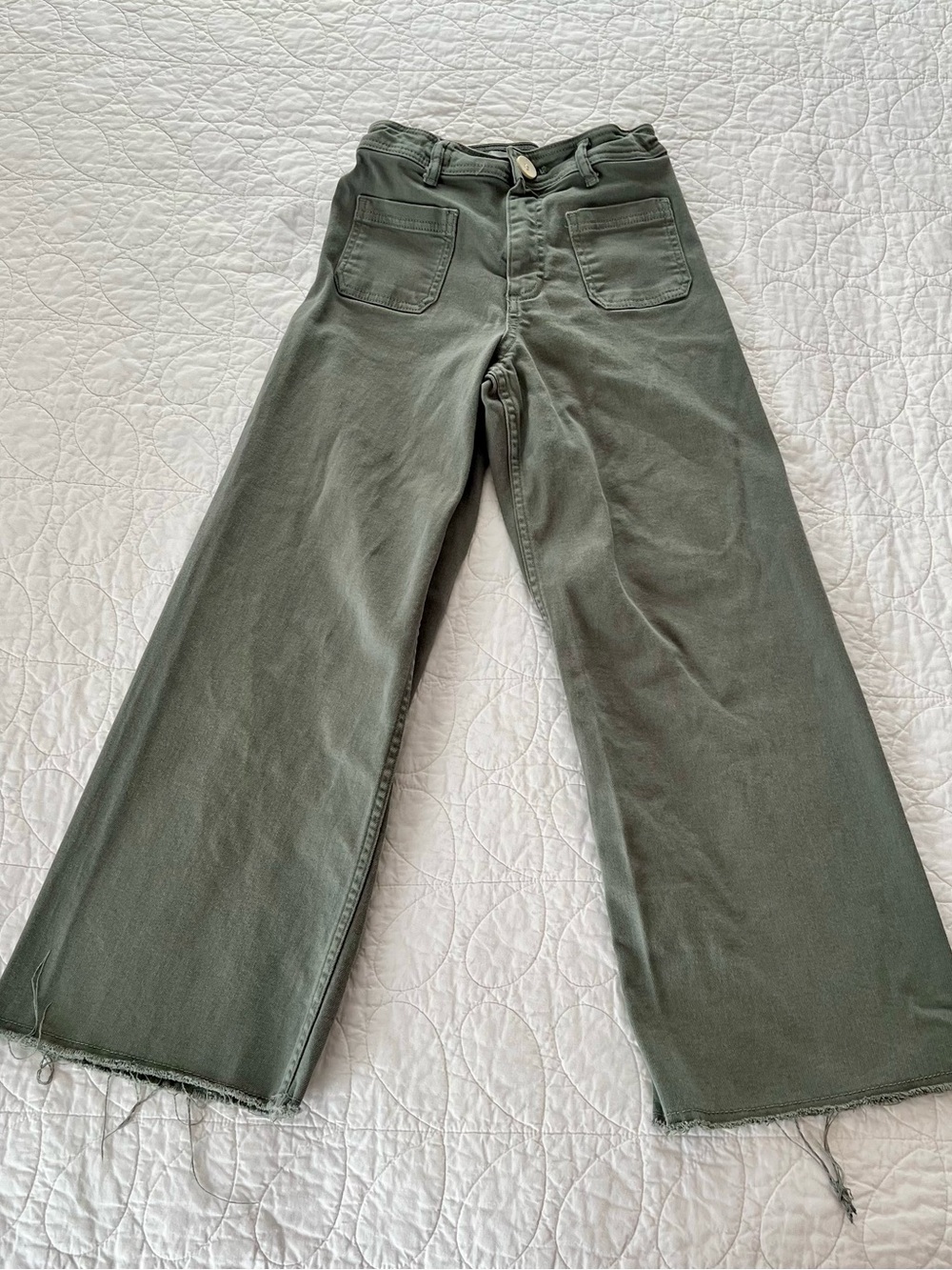 Zara Olive Green Kids Jeans (Girls) Hi-Rise Wide Leg 4 Pkt Ragged Hem Streetwear
